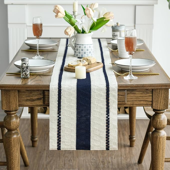 Artoid Mode Dark Blue Rustic Woven Table Runner 12x108 Inch | Holiday Farmhouse - Image 2