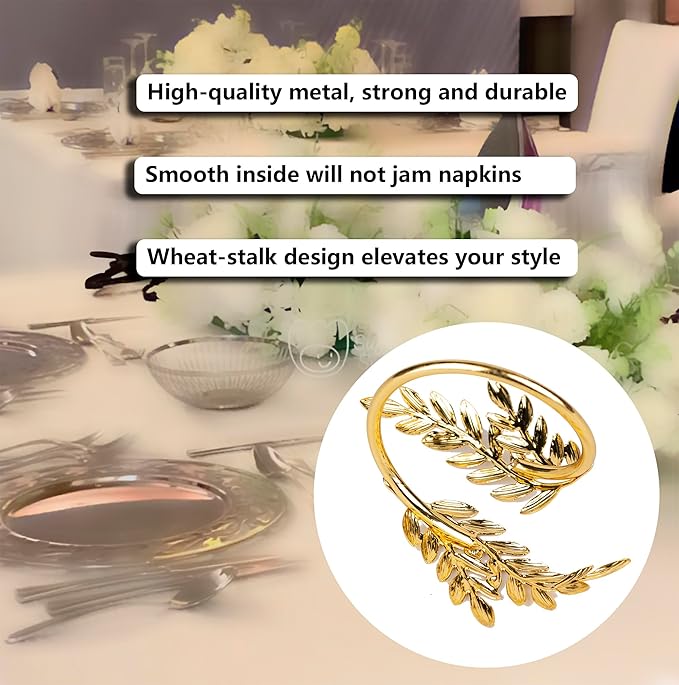 Napkin Rings 10Pcs Metal Gold Napkin Rings, Wheat Ear Shape Napkin Holder for Party, Family Dinner Wedding, Table Decorations (Gold, 10 Pcs)