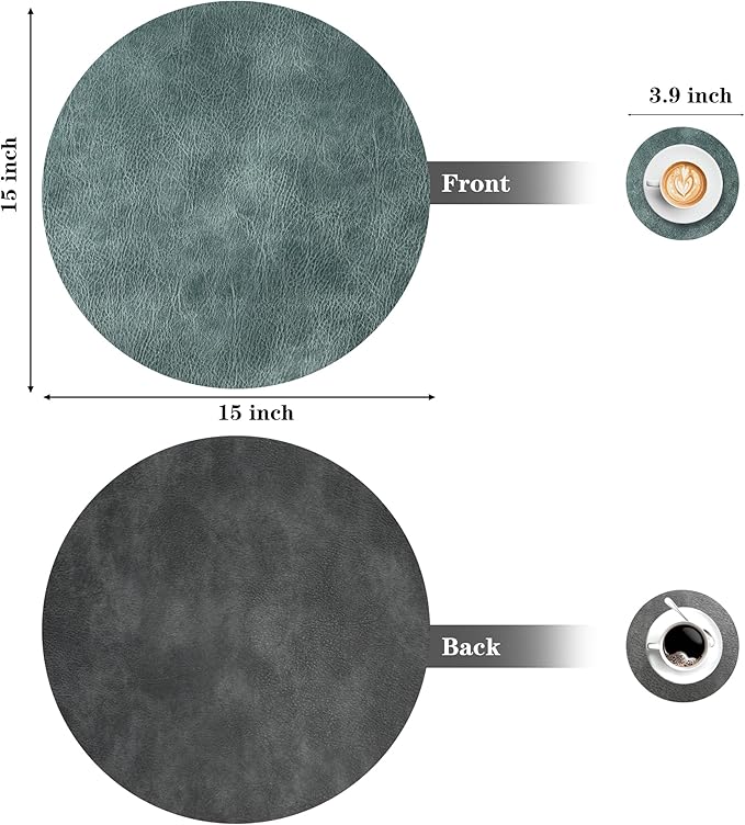 Round Placemats and Coasters Set of 8, Washable Reversible Faux Leather Placemats Cowhide Pattern Place Mats Wipeable Non-Slip 15 inch Round Kitchen Dining Table Mats (Gray Blue Green, 8)