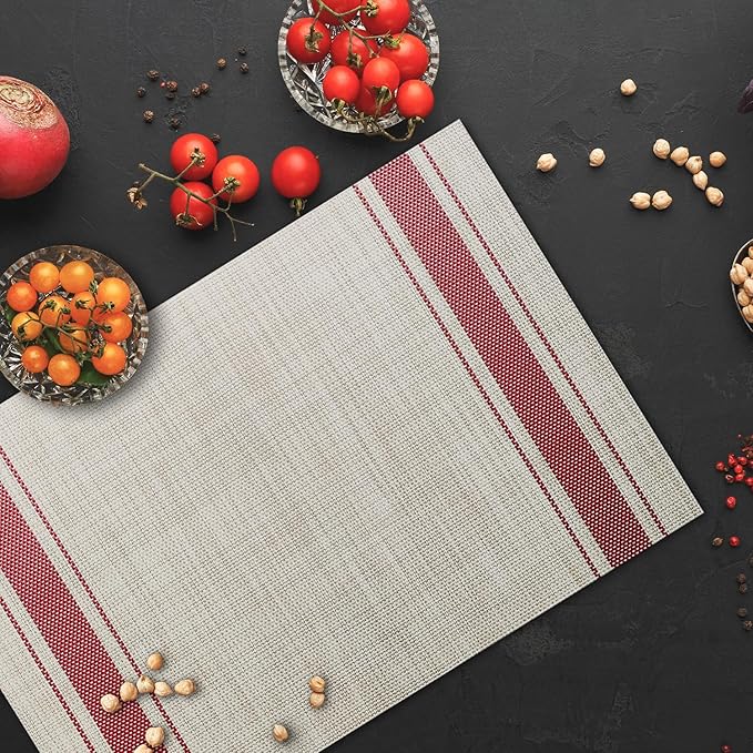 Placemats Set of 4 Vinyl Washable Red Stripe Placemats, 18"x12" Wipeable Heat-Resistant Non-Slip Easy Clean Table Mats Ideal for Dining Table Table Runner and Outdoor (4, Red Wide Stripe)