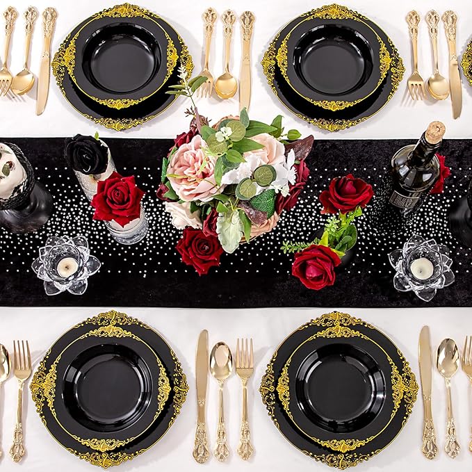 100PCS Black Plastic Bowls - 12 oz Black Gold Disposable Salad Bowls - Heavy Duty Soup Serving Bowl - Fancy Plastic Candy Bowl for Weddings, Parties, Dinners, Catering, Picnics, Party