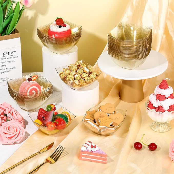 Sliner 100 Pcs Square Plastic Bowls 8 oz Plastic Serving Bowls Disposable Chip Bowls for Parties Snack Fruit Candy Containers for Candy Buffet Salad Bar Buffet Containers Party Supplies (Gold Glitter)