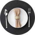 Round Placemats Set of 6 Plastic Woven Placemats Washable Wipeable Table Mats for Dining Table Heat Resistant Non-Slip Circle Place Mats (Black)