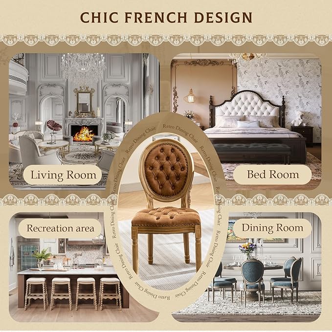 SoarFlash French Dining Chairs Set of 2, Vantage Dining Chair with Round Back, Wood Leg Farmhouse Country PU Leather Dining Chair for Kitchen,Bedroom,Orange