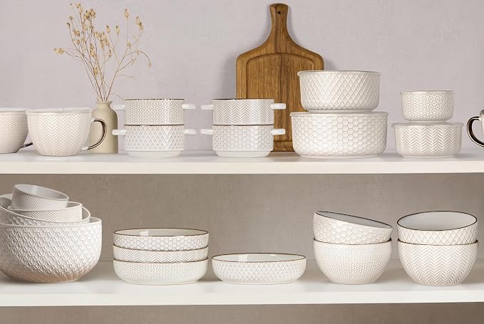 KooK Ceramic Mixing Bowls, Nesting Set of 4, Embossed Kitchen Dishware - Image 5