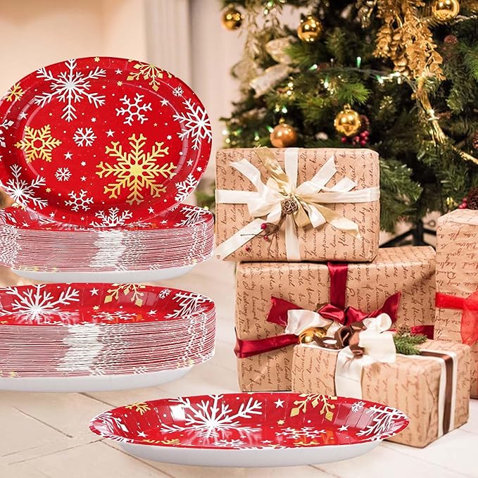 50Pcs Christmas Snowflake Oval Paper Plates 10" x 12" Large Red Gold and White Snowflake Plates Disposable Heavy Duty Christmas Party Decorations for Xmas Winter Holiday New Year Dinner Party Supplies