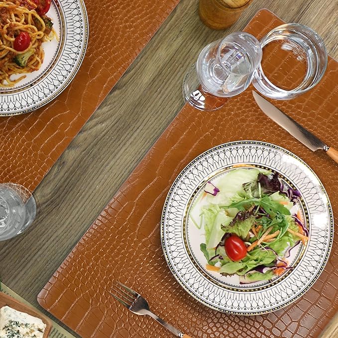 Jovono Faux Leather Placemats Set of 8, Waterproof Heat Resistant Dinner Place Mats for Dining Table, Non-Slip Crocodile Embossed, Brown (17.8x11.8 Inch)