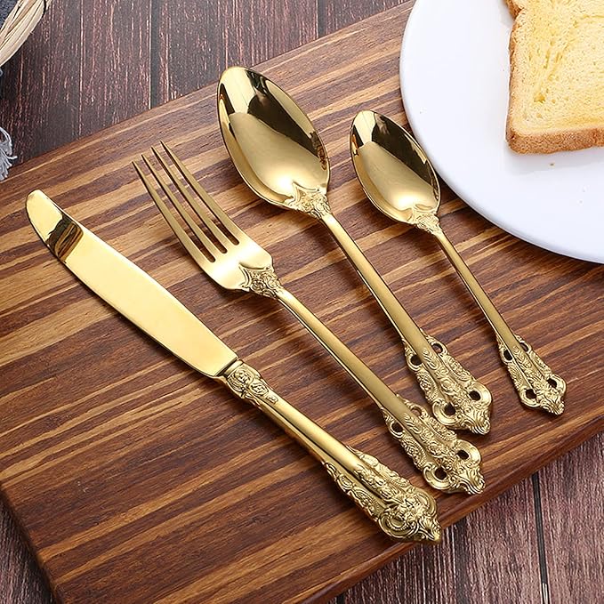 Gold Silverware Set 18/10 Stainless Steel Flatware Sets Palace Style 24 Piece Delicate Cutlery Set for 6 Durable Home Kitchen Wedding Tableware Utensil Include Knifes Teaspoons Forks and Spoons