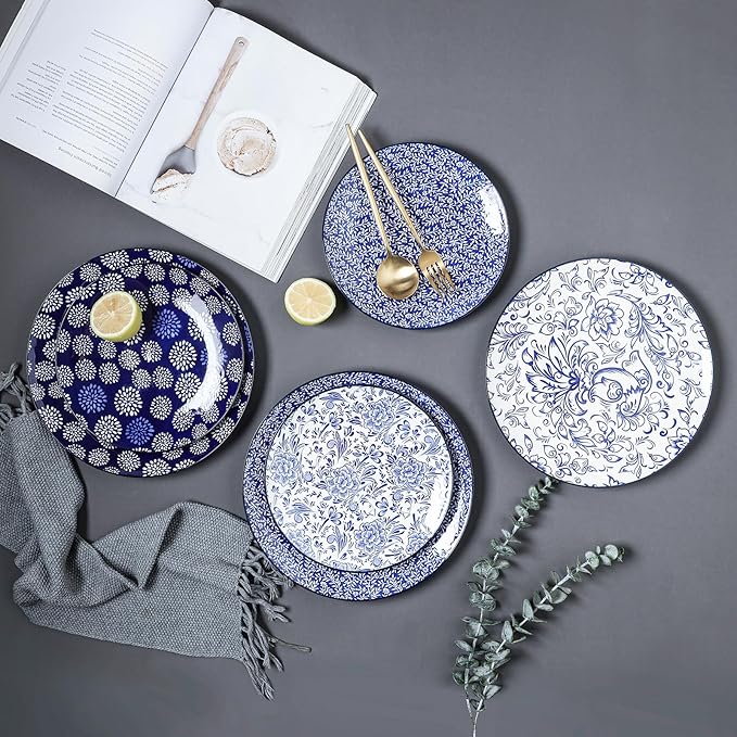 Selamica Ceramic Dinner Plates set of 4, 10.5 Inch Ceramic Plates for Kitchen, Large Serving Plates for Pasta Salad Steak, Microwave Dishwasher Safe, Blue