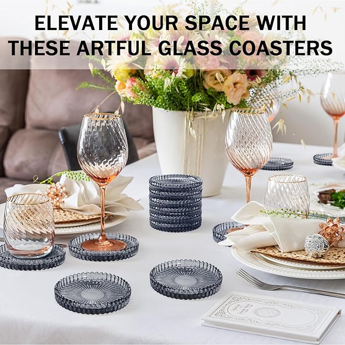 Vintage Glass Coasters, GOH DODD Set of 8 Crystal Coasters Tabletop Protection for Drinks, Home Decor, Kitchen, Living Room, Patio, Wedding, Party, Housewarming Gifts, Clear Black