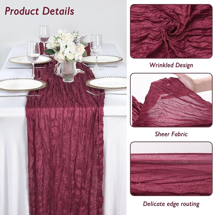 8 Pack Burgundy Red Cheesecloth Table Runner 120 Inch Boho Wedding Decor | - Image 3