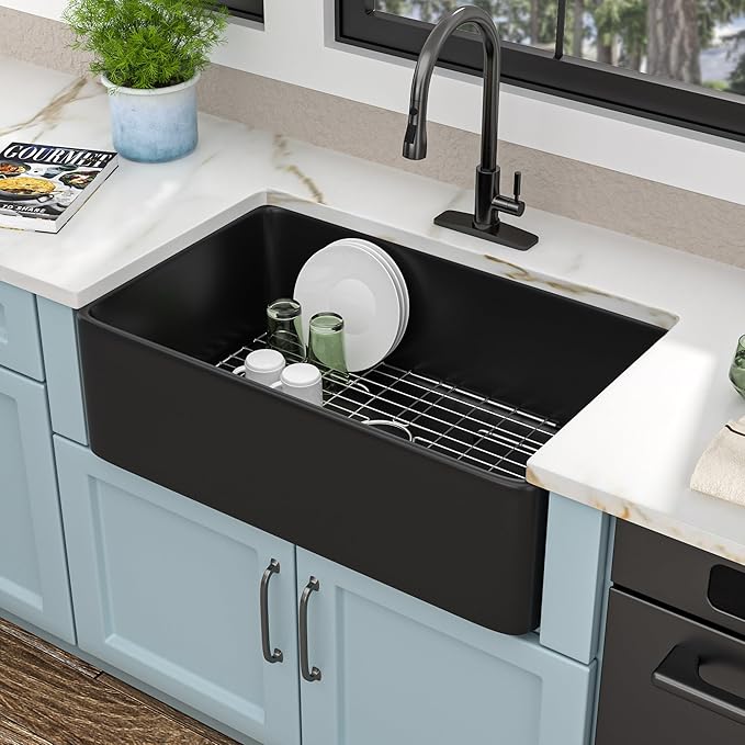 33"x20" Black Farmhouse Sink – Flat Apron Front Matte Black Porcelain Ceramic Fireclay Deep Single Bowl Farm Kitchen Sink Basin