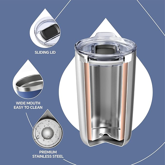 Ideus 20 oz Tumbler, Travel Coffee Mug with Splash Proof Sliding Lid, Double Wall Stainless Steel Vacuum Insulated Coffee Mug for Home and Office, Keep Beverages Hot or Cold, Ocean Blue