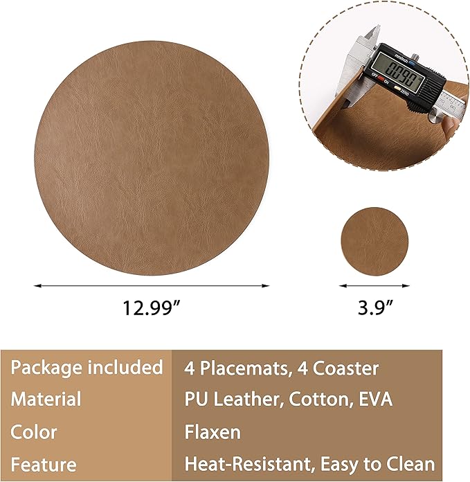 Jovono PU Leather Placemats, Waterproof Coffee Coasters, Kitchen Table Mats, Easy to Wipe Off for Dining Round Table, Diameter 13'' and 3.9'', Flaxen