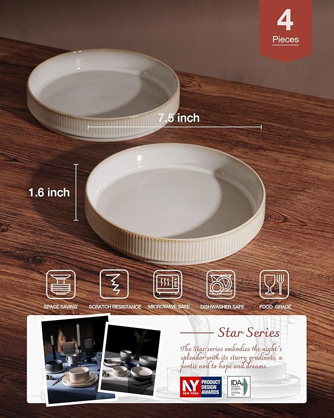 famiware Star 7.5" Pasta Bowls Set, Salad Bowl Set of 4, Double Reactive Glaze, Stackable, Ideal for Your Friend for Housewarming, Festivals, Cappuccino White