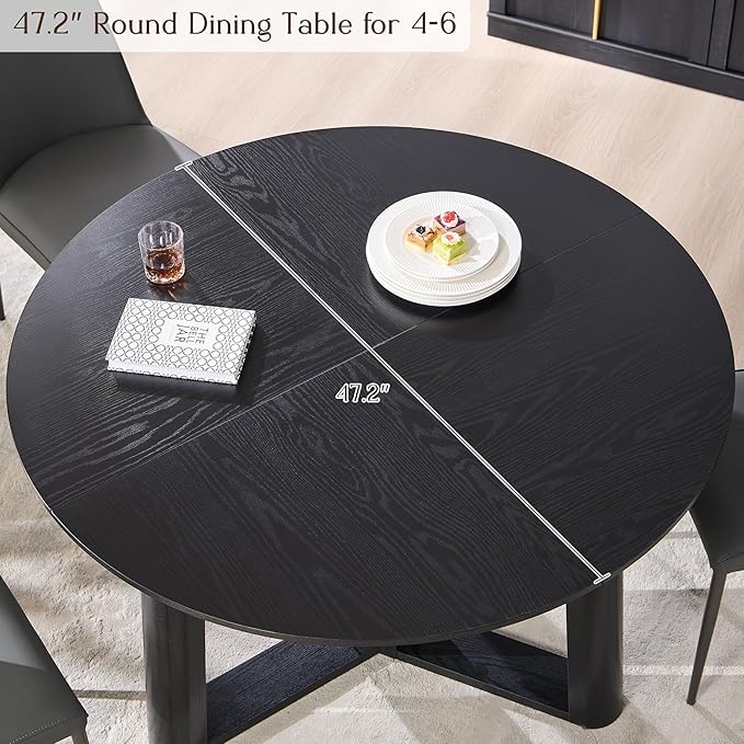 OKD 47" Dining Table for 4-6, Round Dining Room Table with Triangular Structure Pedestal Stable Base, Curved Table Edge, Circle Kitchen Tables for Dining Room, Kitchen, Black Oak
