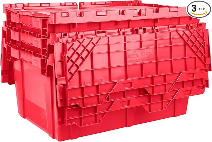 Hudson Exchange 27.3 x 17.2 x 12.6 (3 Pack) Storage Tote Distribution Container with Hinged Attached Lid, Red