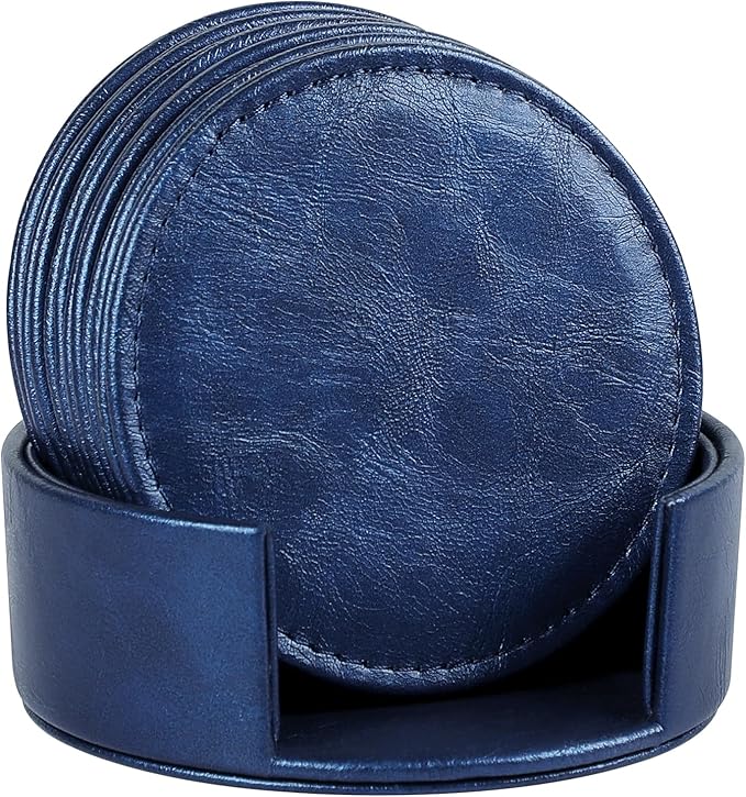 6 Pcs Premium Leather Coasters with Holder, Tabletop Protection, Coffee Table & Bar Decoration, Modern-Style Drink Coasters Suitable for Home Dining Tables & Kitchen Accessories (Blue)
