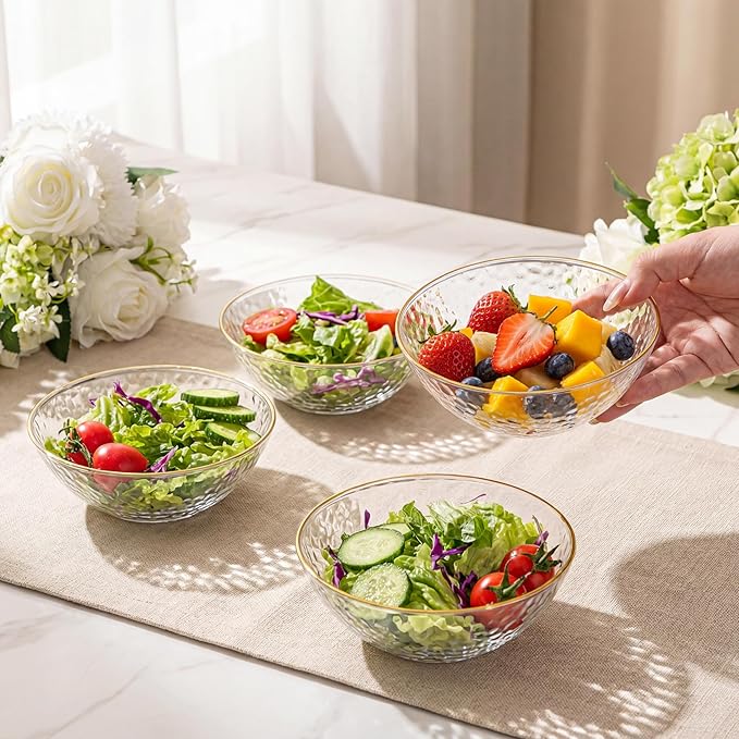 Tinybee 30 Pack Clear Plastic Bowls - Clear Disposable Bowls for Party with Gold Rim, 16-20oz Premium Hammered Bowls Disposable Heavy Duty, Plastic Salad Bowls for Milk Cereals, Snacks, Salads