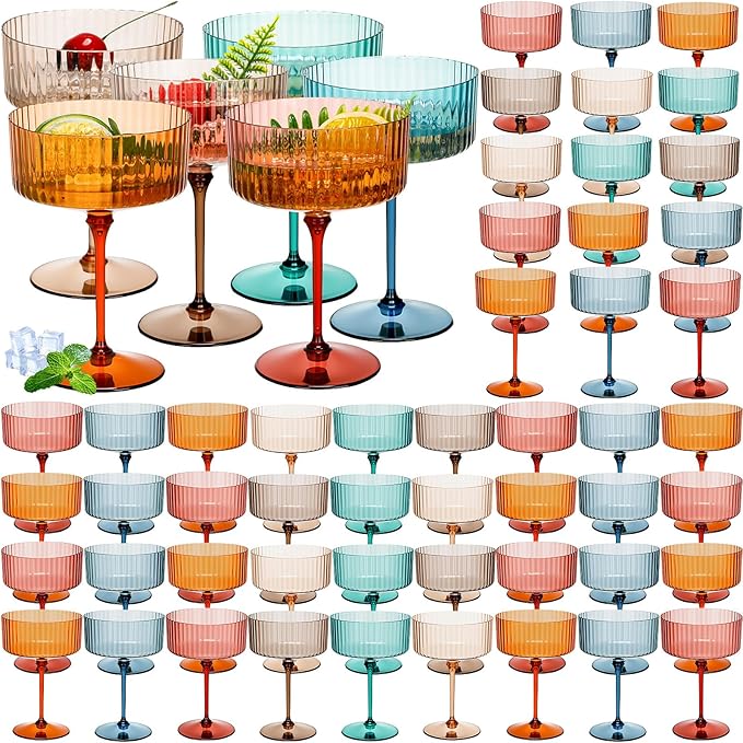 60 Pcs Ribbed Martini Glasses 10 oz Disposable Plastic Vintage Ribbed Coupe Glasses Unbreakable Dessert Parfait Glassware for Wedding Birthday Party Supplies (Classic Color)