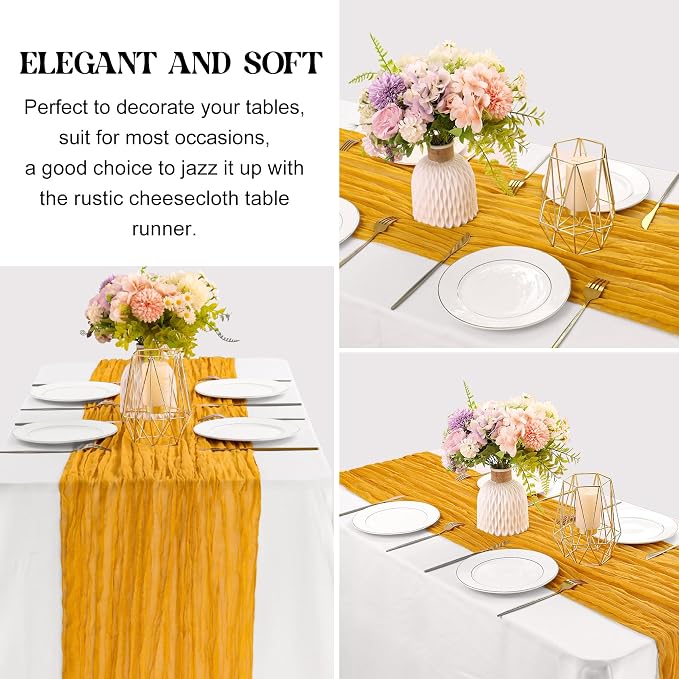 6 Pieces Mustard 10FT Cheesecloth Table Runner Boho Gauze Fabric Table Runner - Image 3