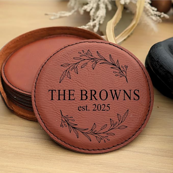 Custom Round Engraved Coasters, Personalized Leather Coaster, Laser Engraved - Image 4