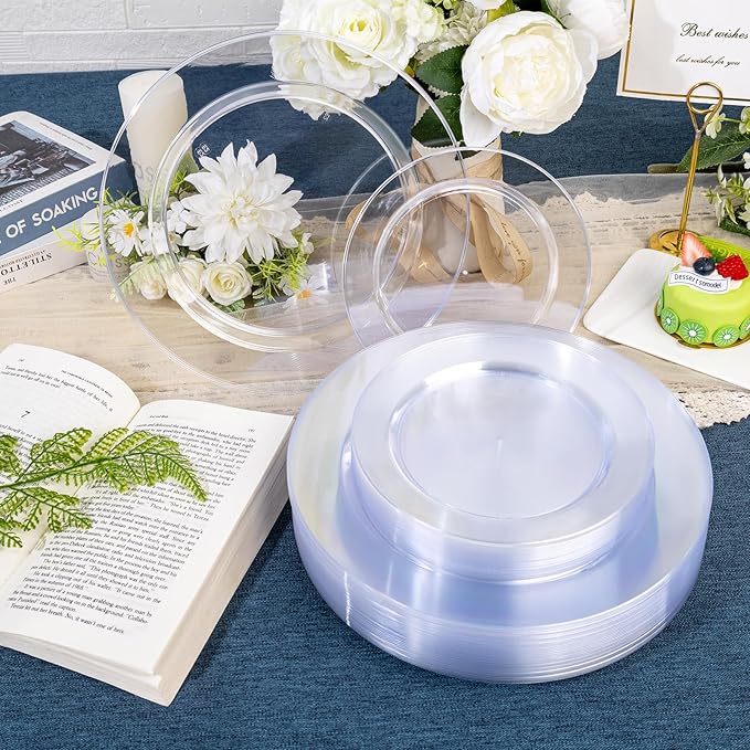 FLOWERCAT 200PCS Clear Plastic Plates Disposable Plates for Party - Heavy Duty Plastic Plates - 100 10" Dinner Plates and 100 7" Salad Plates for Weddings, New Year,Christmas Parties and Events