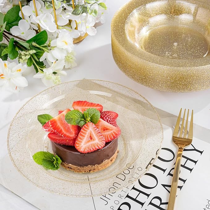 bUCLA 60 Pack Disposable Plastic Bowls 12oz - Clear Gold Glitter Plastic Salad/Dessert/Soup Bowls - Perfect for Party, Wedding & Thanksgiving