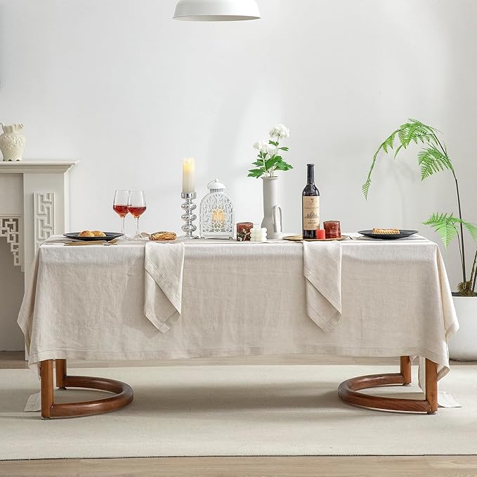 EVERLY Pure Linen Hemstitch Tablecloth,100% Stonewashed French Linen tablecloths for Kitchen Dining Rectangle Tables,60x120Inch Machine Washable Christmas Thanksgiving Organic Tablecloth-Natural Linen