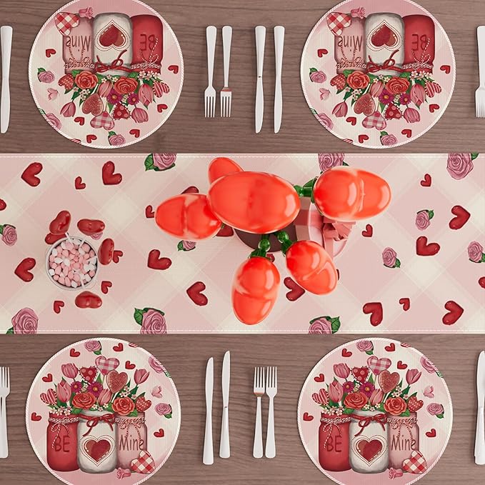 XCHI Roses Flowers Love Hearts Vase Valentine’s Day Round Placemats Set of 4 Table Mats for Party Home Kitchen Dining Table Decorations 14x14 Inch