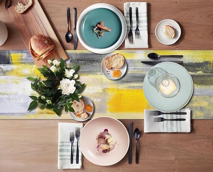 Emvency Table Runner, 13x72 Inch, Abstract Art Modern | Yellow Grey Dining Decor - Image 4