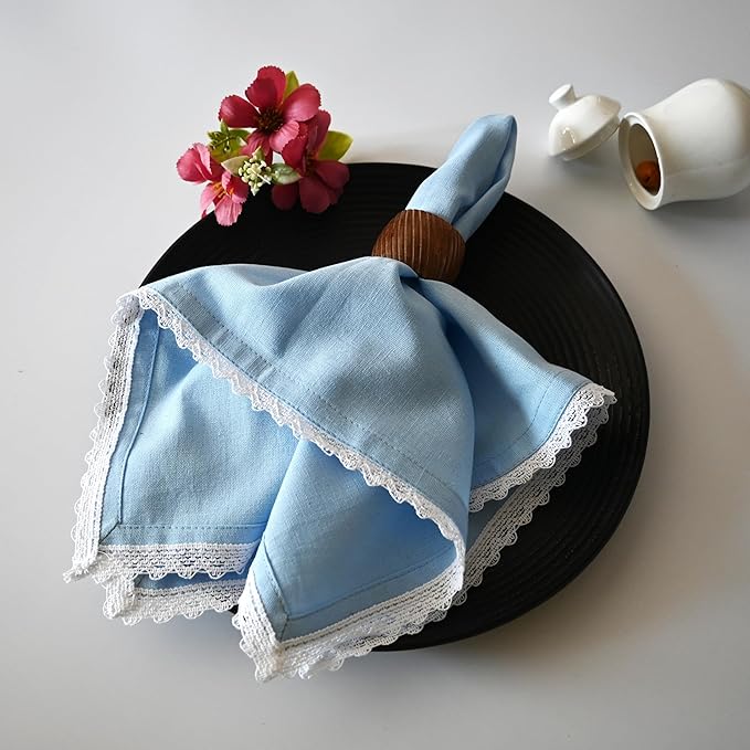 Fingercraft Dinner Cloth Napkin Cotton Linen Blend 12 Pack 12In Mitered Corners with Elegant Lace for Everyday Use Napkins Cloth are Pre Shrunk and Good Absorbency Sky Blue