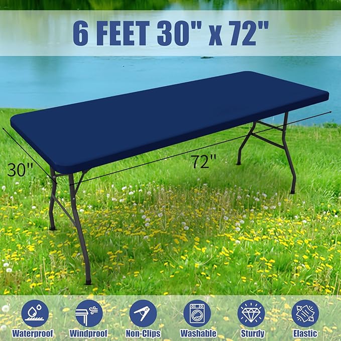 Spandex 6 Foot Rectangle Table Cloth 2 Pack, Elastic Fitted Tablecloths for Picnic, Stretch Washable Patio Table Cover for Outdoor, Camping, Banquet and Parties (Navy, 36"x72")