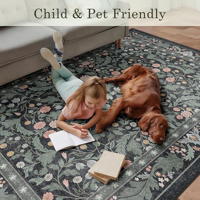 Dark Green Floral 5x7 Area Rugs for Living Room Large Washable Rug Vintage Forest Low Pile Non Slip Stain Resistance Soft Carpet for Dining Room, Bedroom, Office Rug, Kids Room, Nursery Room, Playroom