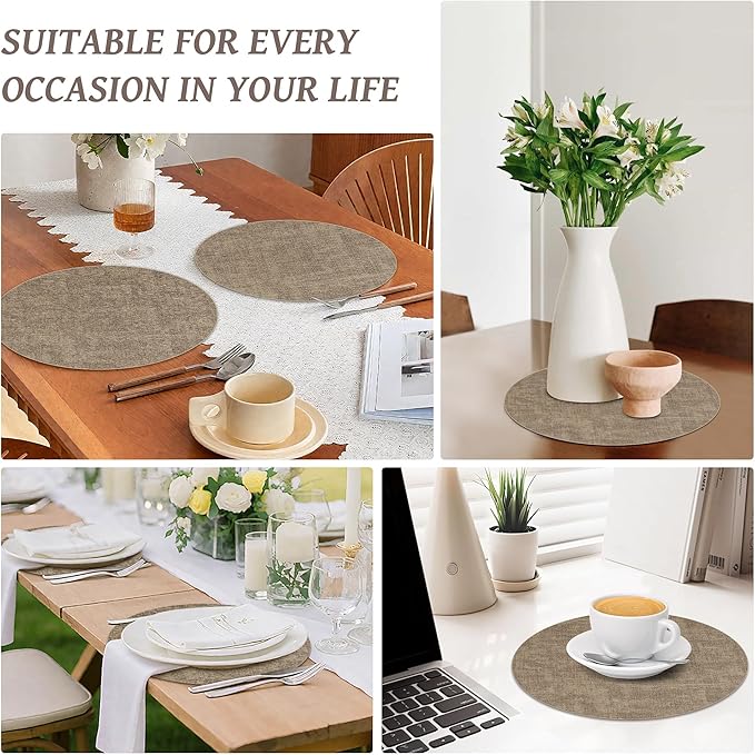 13" Round Placemats Set of 6, Reversible Faux Leather Heat Resistant Table Mats, Waterproof Oilproof Wipeable Table Protective Placemats for Vinyl, Washable for Indoor & Outdoor Use (6, Light Coffee)