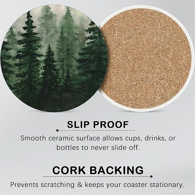 6 Pcs Drink Coasters with Holder, Watercolor Landscape Pine Forest Absorbent Round Ceramic Coaster for Tabletop Protection,for Coffee Cup Beverage Coasters Wine Beer Bar