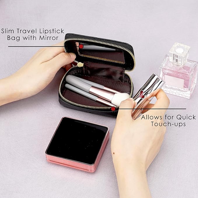 Lipstick Holder with Mirror for Purse, Genuine Leather Makeup Case, Compact Zippered Travel Cosmetic Organizer, Black