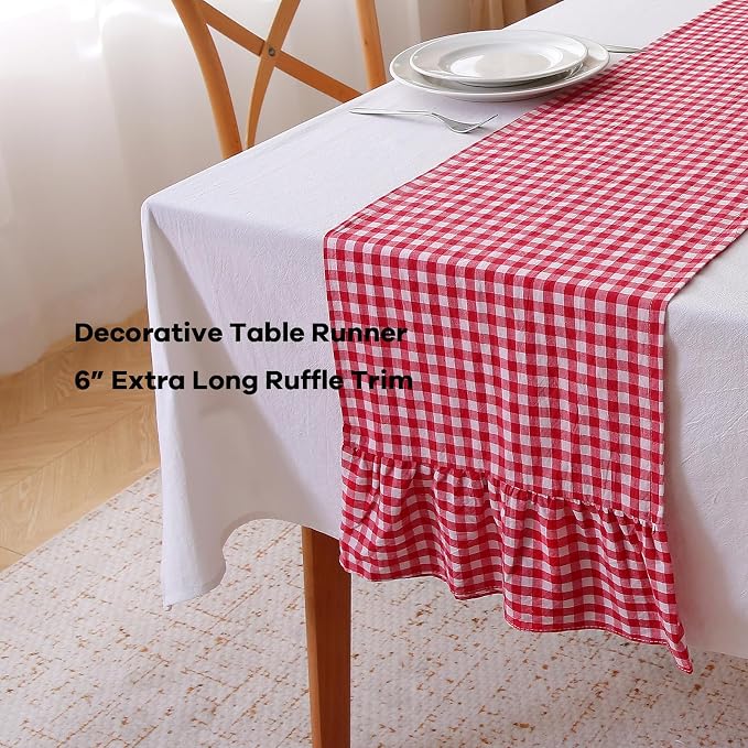 Red White Plaid Gingham Ruffle Table Runner 108 inches Long 100% Washed Cotton - Image 3