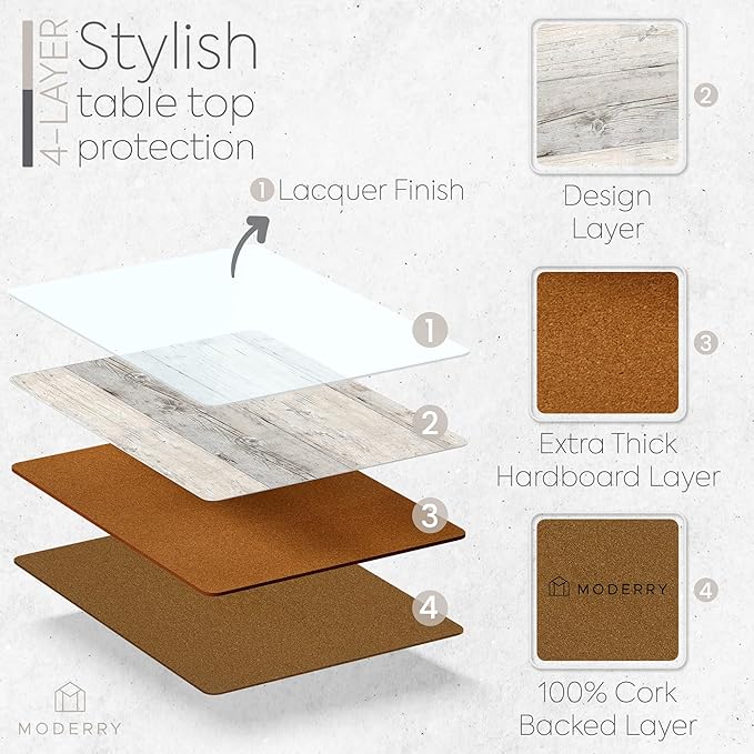 Set of 4 Heat Resistant Cork Placemats for Dining Table with Free Set of 4 Matching Drink Coasters Cork Wood Design Print 16 x 12 Inches Cork Backed Hard Placemats (White Driftwood)
