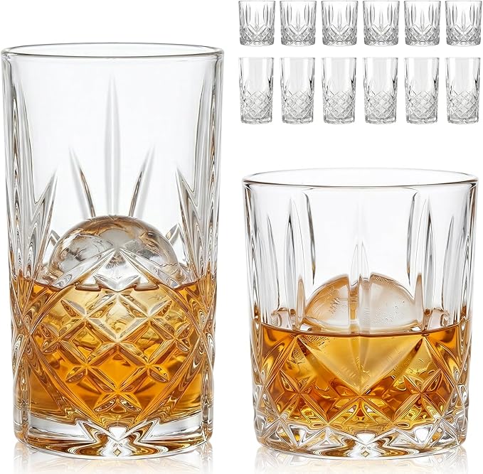 Moretoes Crystal Whisky Drinking Glasses Set of 12, Glass Cups | Mixed by Moretoes
