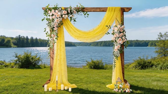 Pearl Table Runner Gauze Sheer 19FT Wedding Draping Fabric Decor | Yellow - Image 2