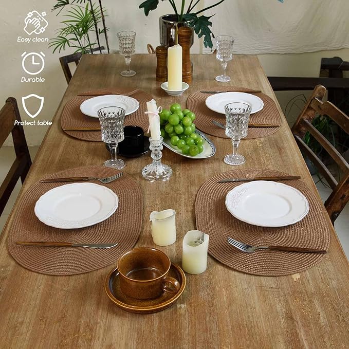 FunWheat Oval Braided Placemats Set of 6 Table Mats for Dining Tables Washable Heat Resistant Place Mats for Indoor Outdoor Use 12 x18 Inch(Oval Light Brown, 6pcs)