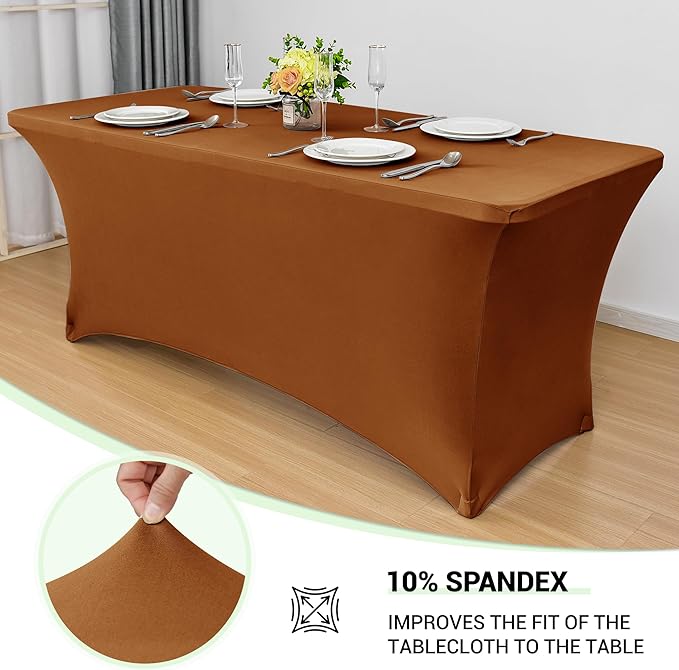 Obstal 6 Pack Stretch Spandex Table Covers for 6 Foot Tables - 6 FT Universal Rectangular Fitted Tablecloth Protector for Wedding, Banquet, Party, 72 Length x 30 Width x 30 Height Inches, Light Coffee