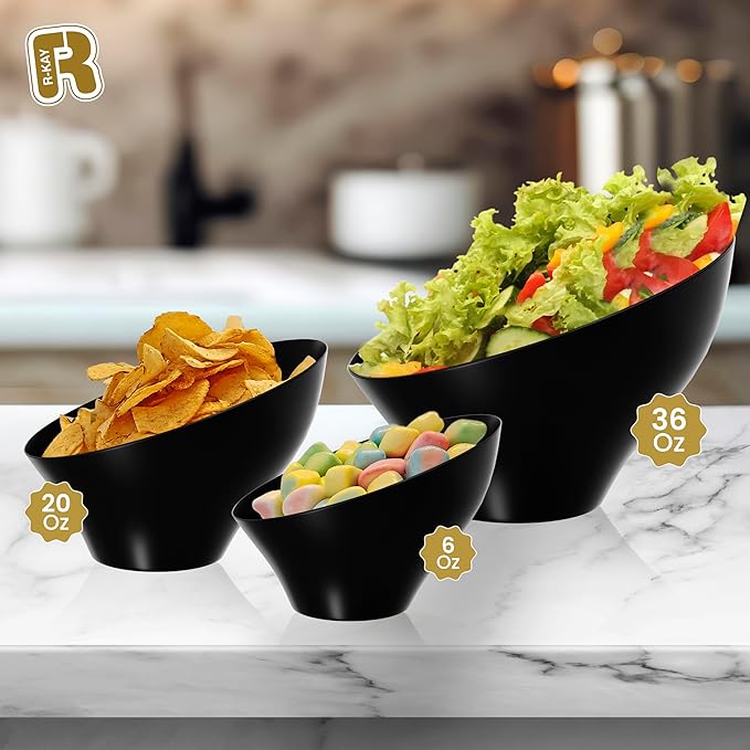 R-kay 6 Pack Angled Candy Bowls - Black Plastic bowls 20 Oz - Premium Plastic Serving Bowls Heavy Duty For Weddings Catering, parties, And All Occasions (Black, Medium)