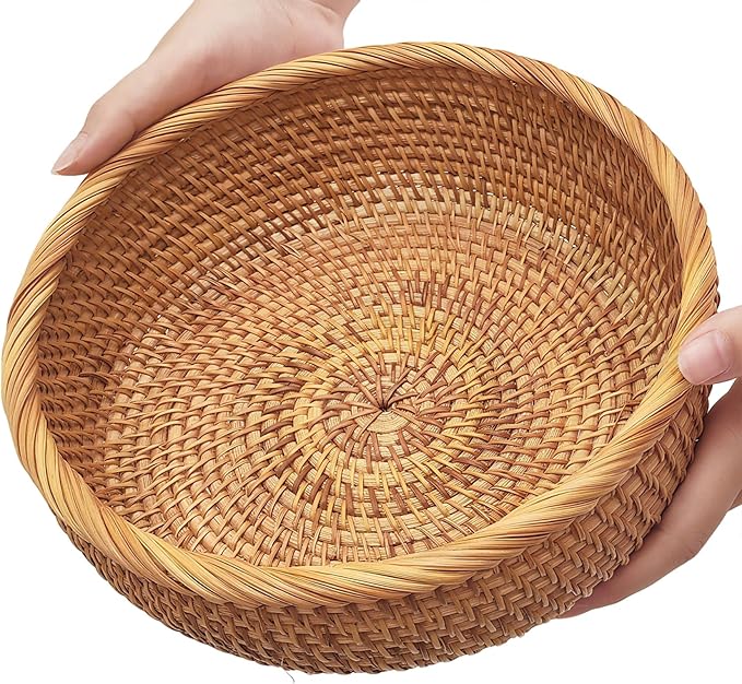 Rattan 9.2" Medium Round Bread Basket for Fruit, Natural Wicker Fruit Basket for Kitchen Counter, Hand Woven Wicker Food Baskets, Bread Baskets for Serving, Gift Basket for Gifts, Vegetable,Snack,Etc.