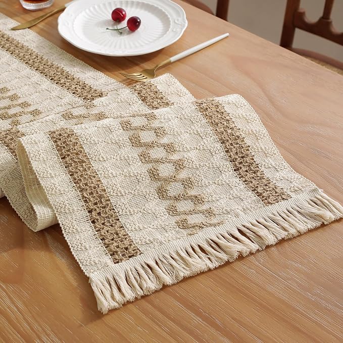 Boho Table Runner with Tassels 12 x 120 Inches Long, Cream & Brown Rustic by Niviy