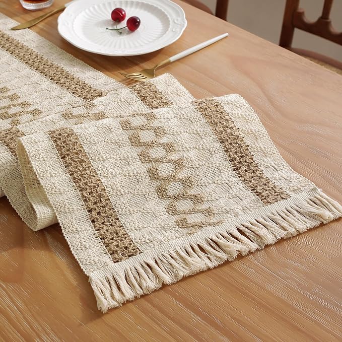 Boho Table Runner with Tassels 12 x 132 Inches Long, Cream & Brown Rustic by Niviy