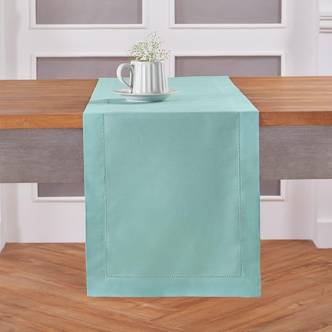 Solino Home Cotton Linen Dining Table Runner Pastel Turquoise, 14 x 108 in | by SolinoHome