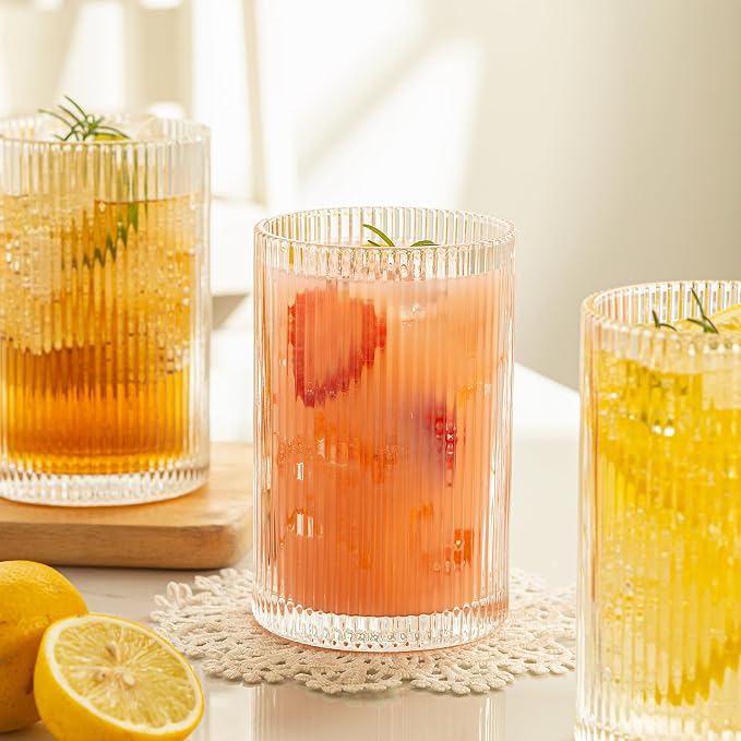 Vintage Ribbed Glassware Set: 6pcs 16.9oz XL Drinking Glasses, Fluted Ripple - Image 4