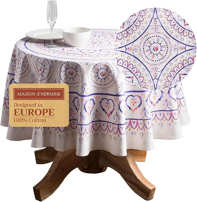 Maison d' Hermine Table Cloth Round Table 100% Cotton 69 Round Inches Tablecloth Reusable Decorative for Dining Room Farmhouse Home Valentines Day Decorations Spring Summer - Mandala